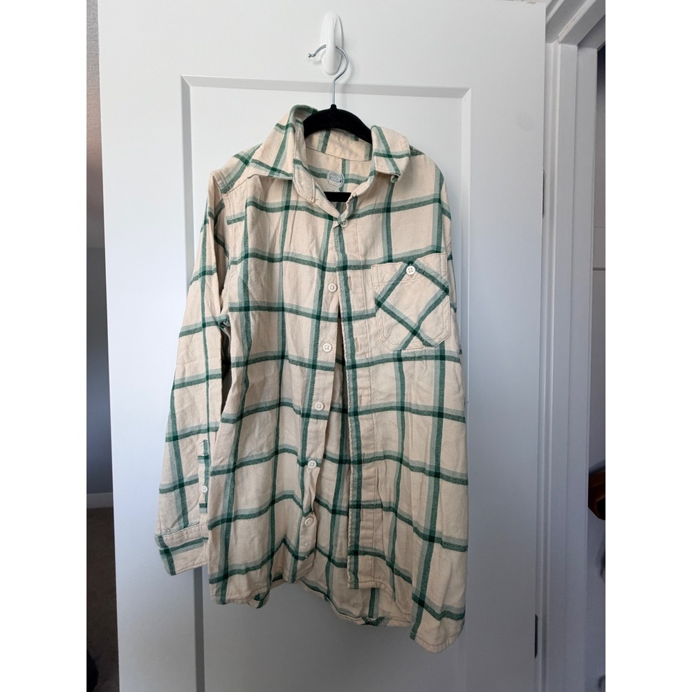 Wonder Nation Boys Green Cream Plaid Flannel Button Down Shirt Size L 10-12_150